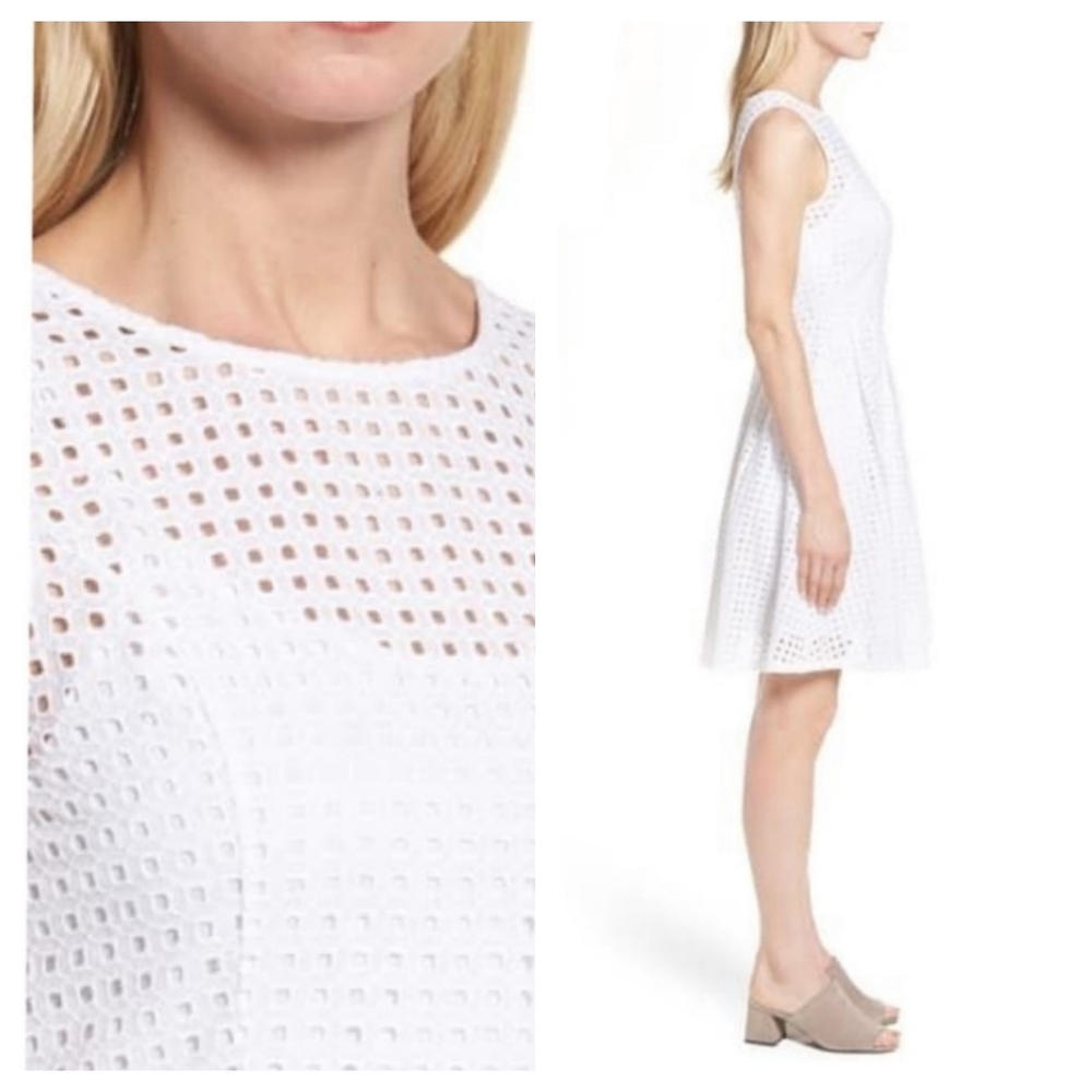 Halogen White Prism Eyelet Dress Cotton Fit Flare Mini Bride Casaul Vacation L - Picture 2 of 11